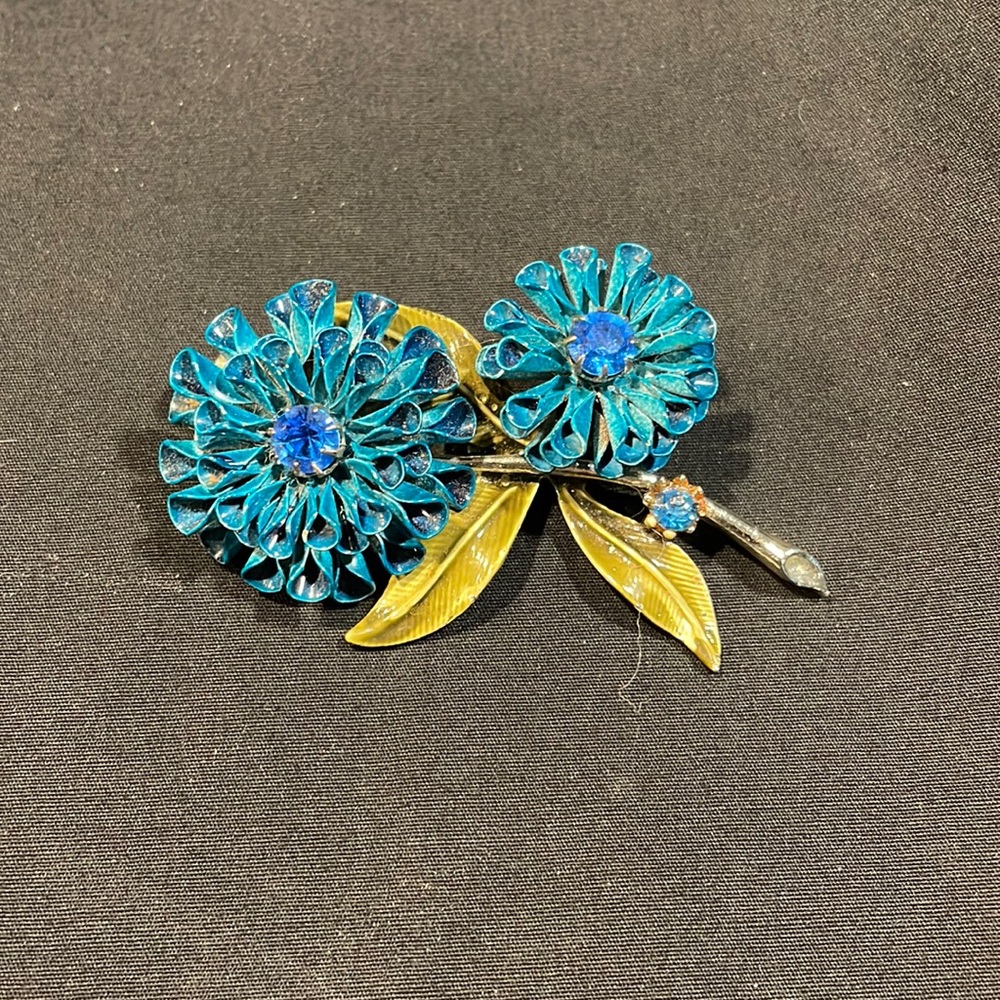 Signed Coro Vintage Brooch Double Flower Blue Turquoise Teal Enamel Rhinestone